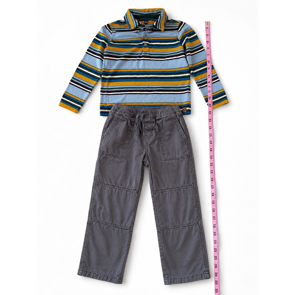 Tea Collection Boys Stripe Polo and Lined Canvas Pants Set Blue Grey Size 6